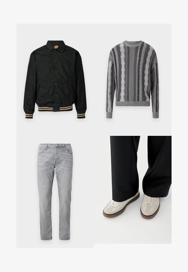 Veste en denim noir avec un devant à boutons, des poignets côtelés et une taille élastique. Dispose d'un col et de poches latérales.; Pull gris à motifs avec des rayures horizontales aux textures variées, col et poignets côtelés. Le matériau a une finition douce en maille.; Jean droit gris clair avec fermeture éclair, poches avant et arrière, et passants de ceinture, posé sur fond blanc.; Pieds portant des baskets beige avec des semelles marron et un pantalon noir à jambes larges sur fond blanc.