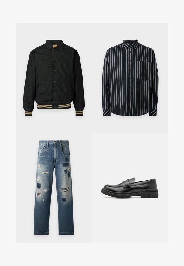 Zwarte denimjas met een knoopsluiting aan de voorkant, geribbelde manchetten en een elastische tailleband. Bevat een kraag en zijzakken.; Zwarte overhemd met blauwe verticale strepen, lange mouwen, een kraag en een borstzak. Glad materiaal, ontspannen pasvorm, standaardknopen.; Denim jeans met versleten patches en verschillende tinten blauw, met een rechte pijp en een traditionele vijf-pocketontwerp.; Zwarte leren instapper met een brede band over de voet, rubberen zool met dikke noppen en een gladde textuur. Klassiek, strak ontwerp.