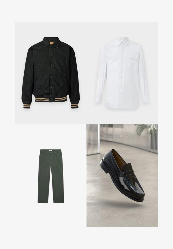 Schwarze Jeansjacke mit Knopfverschluss, gerippten Bündchen und elastischem Saum. Verfügt über einen Kragen und Seitentaschen.; Weißes Langarmhemd mit Knopfleiste und feinen vertikalen Streifen, Brusttasche mit Knopfklappe und klassischem Kragen auf einem schlichten Hintergrund.; Dunkelgrüne Baumwollhosen mit geradem Beinschnitt, Fronttaschen und einem Knopfverschluss an der Taille. Glatte Oberfläche, keine Muster.; Schwarze Lacklederloafers mit einer gestickten Akzentuierung, runder Zehenpartie, niedrigem Absatz und glatter Oberfläche, vor einem neutralen Hintergrund präsentiert.