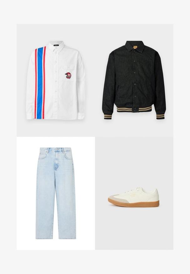Schwarze Jeansjacke mit Knopfverschluss, gerippten Bündchen und elastischem Saum. Verfügt über einen Kragen und Seitentaschen.; Weißes Button-up-Hemd mit einem blau-roten Streifenmuster auf einer Seite und einem schwarzen bestickten Helm-Patch auf der Brusttasche.; Hellblaue Jeans mit weitem Bein und hoher Taille, fünf Taschen und einem Knopfverschluss. Glatte Textur mit einem verwaschenen Finish.; Sneaker aus weißem Leder mit einer beigen Zehenkappe und leichter brauner Gummisohle. Verfügt über flache weiße Schnürsenkel und geprägtes Branding an der Seite.