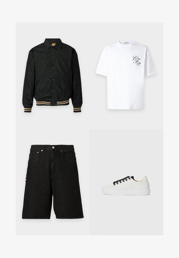Schwarze Jeansjacke mit Knopfverschluss, gerippten Bündchen und elastischem Saum. Verfügt über einen Kragen und Seitentaschen.; Weißes T-Shirt mit kurzen Ärmeln, auf der linken Brust bedruckt mit einem kleinen schwarzen „CF“ in Kursivschrift und einem Cherub, der einen Bogen hält.; Schwarze Denim-Shorts mit einem klassischen Fünf-Taschen-Design, silbernem Metallzubehör und einem dezenten orangen Akzent an der Seitentasche.; Weiße Low-Top-Sneaker mit dicker Sohle, schwarzen Schnürsenkeln, schwarzen Ösen und beigem Innenfutter auf einem schlichten weißen Hintergrund.
