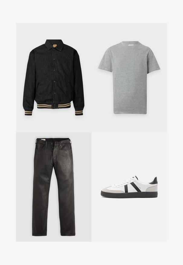 Veste en denim noir avec un devant à boutons, des poignets côtelés et une taille élastique. Dispose d'un col et de poches latérales.; T-shirt gris uni à manches courtes et col rond avec une petite étiquette blanche "ONLY & SONS" à l'intérieur du col.; Jean en denim noir à coupe droite, avec une fermeture à bouton et à glissière, cinq poches et une texture lisse.; Baskets blanches avec des accents noirs et gris, présentant un embout texturé gris, une semelle en caoutchouc noir et des lacets plats blancs. Design épuré, style minimaliste.