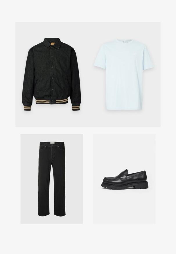 Sort denimjakke med knaplukning foran, ribbede manchetter og elastisk talje. Har krave og sidelommer.; Lyseblå bomuldst-shirt med korte ærmer, rund halsudskæring og en lille hvid logo på øverste venstre side af brystet. Blød tekstur, afslappet pasform.; Sorte denim straight-leg jeans har et klassisk fem-lomme design med knaplukning, minimal syning og en blød tekstur.; Sort læderloafer med tyk rillede sål og penny-remdetalje, vist i højre sideprofil på hvid baggrund.