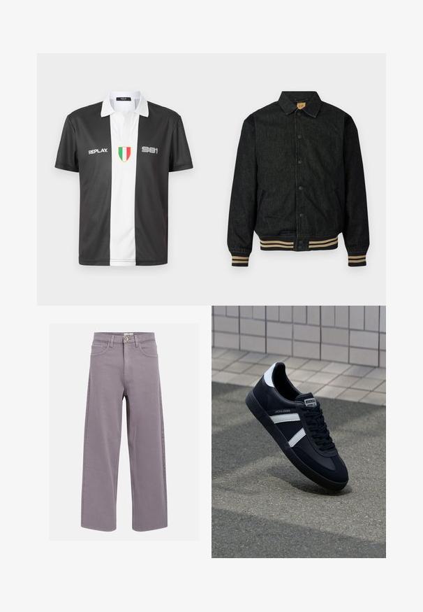 Čierna džínová bunda s button-up predným zapínaním, rebrovanými manžetami a elastickým pásom. Obsahuje golier a bočné vrecká.; Čierno-biely polo tričko s krátkym rukávom a golierom, na prednej strane s logom "REPLAY", číslom "981" a emblémom talianskej vlajky.; Rovno strihané džíny v levanduľovo-sivej farbe, s prednými a zadnými vreckami, pútkami na opasok a gombíkovým zapínaním v páse.; Čierne kožené tenisky s bielymi pruhmi, textúrovanou gumovou podrážkou a šnurovaním vpredu. Obsahujú označenie značky na jazyku.