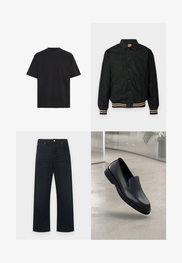 Veste en denim noir avec un devant à boutons, des poignets côtelés et une taille élastique. Dispose d'un col et de poches latérales.; T-shirt en coton noir, manches courtes, col rond, léger, coupe ample, texture lisse, sans motifs ni accents visibles.; Pantalon noir à jambes larges en denim, doté d'un design à cinq poches, de garnitures dorées, et d'une finition soignée sur la ceinture et l'ourlet.; Escarpin en cuir noir à enfiler avec un bout rond, un panneau avant rehaussé et une semelle en caoutchouc texturé, posé sur un sol lisse.