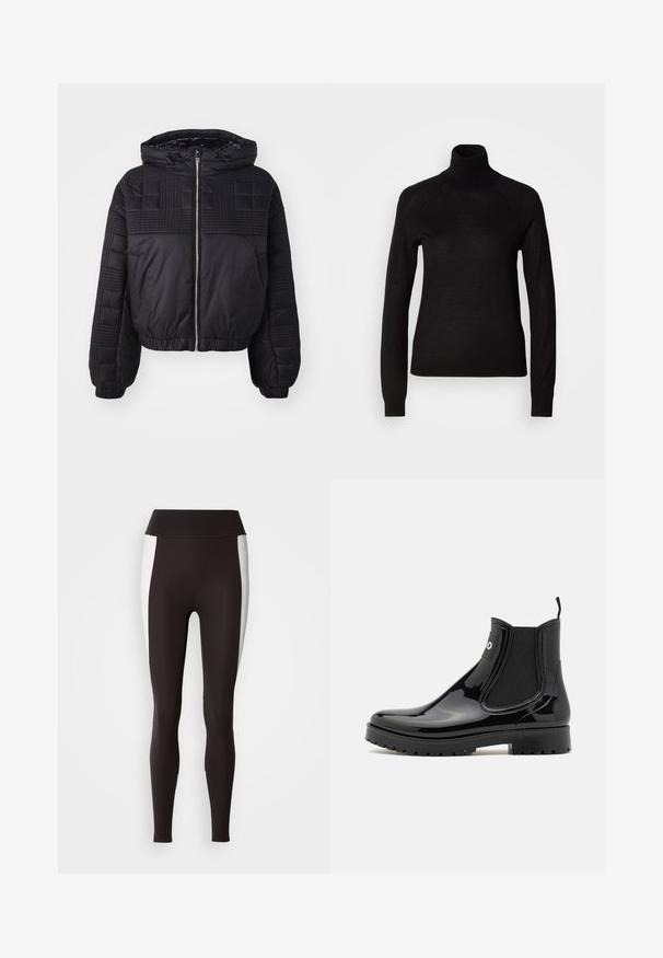Sort pufferjakke med quiltet tekstur, hætte og elastiske manchetter. Har en frontlynlås og en cropped design.; Sort turtleneck sweater lavet af et let strikket stof. Har lange ærmer og en tætsiddende silhuet med raglan-sømme.; Sorte leggings med bred talje, med hvide sideløsninger. Lavet af strækbart stof med en glat tekstur og en tætsiddende pasform.; HUGO TABITA - Gummistøvler - black