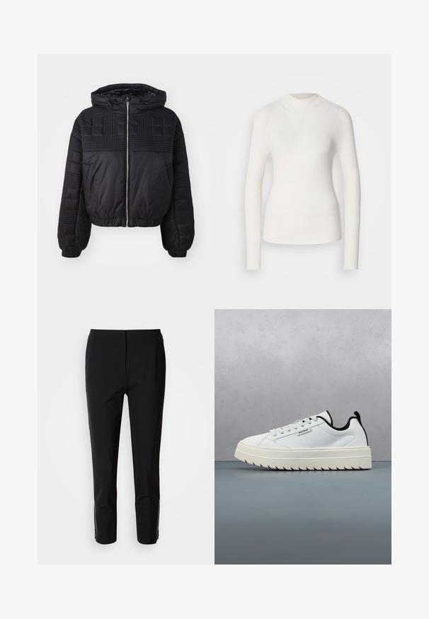 Veste matelassée noire avec une texture piquée, une capuche et des poignets élastiques. Elle dispose d'une fermeture éclair à l'avant et d'un design court.; Haut à manches longues blanc avec un col haut, texture côtelée et design ajusté. Présente un aspect sans couture et une subtile forme en V à l'avant.; Un pantalon noir avec une coupe droite, fabriqué en tissu lisse. Présente des accents zippés sur les côtés inférieurs. Un style épuré et minimaliste.; Baskets blanches en cuir avec une semelle épaisse et texturée au design dentelé. Des accents noirs sur le talon et la languette ajoutent du contraste.