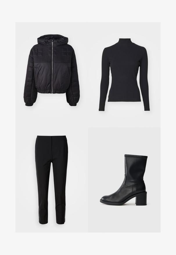 Chaqueta de abrigo negra con textura acolchada, capucha y puños elásticos. Presenta un cierre frontal de cremallera y un diseño corto.; Top negro de cuello alto con costillas y mangas largas. Fabricado con una tela elástica con forma ajustada y cuello alto. Diseño simple sin adornos.; Pantalones negros con un diseño de pierna recta, fabricados en una tela suave. Presenta detalles con cremallera en los laterales inferiores. Estilo limpio y minimalista.; Botín negro de cuero hasta el tobillo con punta redonda, textura suave y tacón grueso, que presenta un eje ajustado y un sutil detalle de costura.