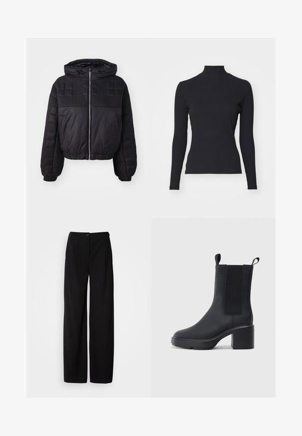 Veste matelassée noire avec une texture piquée, une capuche et des poignets élastiques. Elle dispose d'une fermeture éclair à l'avant et d'un design court.; Haut noir à col roulé côtelé avec des manches longues. Fabriqué en tissu extensible avec une coupe ajustée et un col montant. Design simple sans embellissements.; Pantalons large en noir avec un tissu tissé lisse ; dotés d'une fermeture à bouton et d'un design plissé pour une silhouette structurée.; Bottines noires avec un matériau en caoutchouc lisse, des panneaux latéraux élastiques, un talon carré et des tirettes en haut pour un enfilage facile.