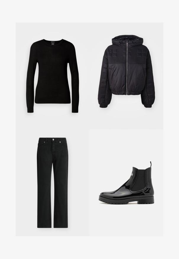 Schwarze Daunenjacke mit gestepptem Design, Kapuze und elastischen Bündchen. Sie verfügt über einen Reißverschluss auf der Vorderseite und hat einen cropped Schnitt.; Schwarzer Pullover aus feinem Strickmaterial, mit rundem Halsausschnitt und langen Ärmeln mit enganliegenden Bündchen. Keine sichtbaren Muster oder Verzierungen.; Schwarze Jeans mit geradem Bein, vorne mit Knopf- und Reißverschluss, fünf Taschen und Gürtelschlaufen.; HUGO TABITA - Gummistiefel - black