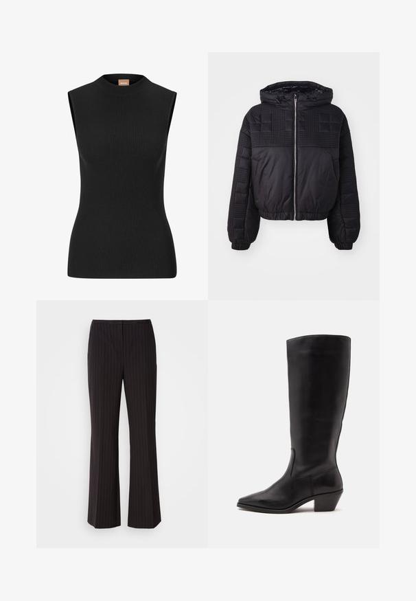 Sort pufferjakke med quiltet tekstur, hætte og elastiske manchetter. Har en frontlynlås og en cropped design.; Ermeløs sort ribbet top med høj hals og figursyet pasform, lavet af strækbart materiale. Har minimal branding på nakken.; Sorte stribede bukser med vid ben, lavet af et glat stof, prydet med en mellem-høj talje og et rent frontdesign. Ingen synlige lommer.; Sort læderstøvle til midtkalv med spids tå og lavt skråt hæl på en enkel lys baggrund.