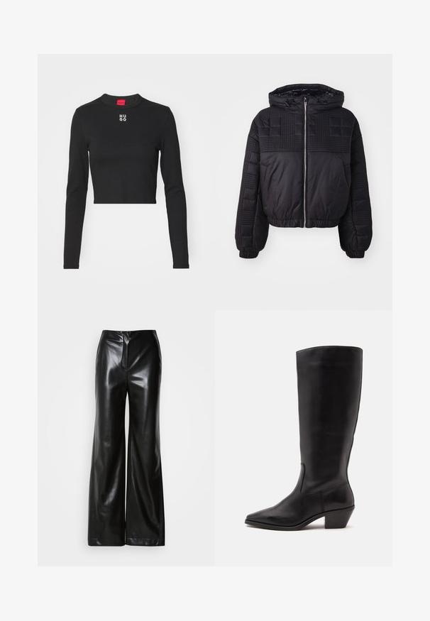 Čierna puffa bunda s prešívanou textúrou, kapucňou a elastickými manžetami. Má predný zips a skrátený strih.; Čierne dlhé rukávy cropped top vyrobený z hladkej tkaniny, s okrúhlym výstrihom a bielym logom "HUGO" na strede hrude.; Čierne kožené nohavice s širokými nohavicami a hladkým povrchom, vysoký pás a skrytý zips vpredu. Strih prispôsobený na mieru s čistým dokončením.; Čierna kožená čižma po stred lýtka s špicatou špičkou a nízkym sklopeným podpätkom na jednoduchom svetlom pozadí.