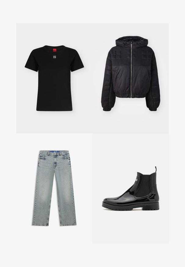 Zwarte pufferjack met gegoten textuur, een capuchon en elastische manchetten. Voorzien van een voorzipe sluiting en een cropped ontwerp.; Zwart T-shirt met korte mouwen en ronde hals met wit "HUGO"-logo gecentreerd vlakbij de kraag, rood label binnenin de hals.; Lichtblauwe wijde jeans van denim, met vervaagde gebieden, vijf zakken en een blauwe tailleband met merk.; HUGO TABITA - Regenlaarzen - black