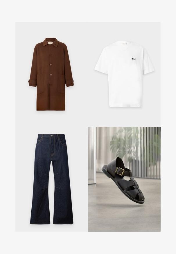 Manteau en laine marron avec un col à revers, une fermeture à boutons, deux poches avant et des manches retroussées avec des accents de boutons.; T-shirt blanc à manches courtes avec un petit trèfle noir et le mot "loved" imprimé sur la poitrine gauche.; Jeans évasés en denim bleu foncé avec des coutures jaunes, cinq poches et une fermeture éclair. Présente des coutures horizontales au-dessus des genoux.; Sandale en cuir noir pour homme avec des lanières tissées et une boucle dorée, flottant au-dessus d'un sol en béton lisse dans un intérieur moderne et minimaliste.