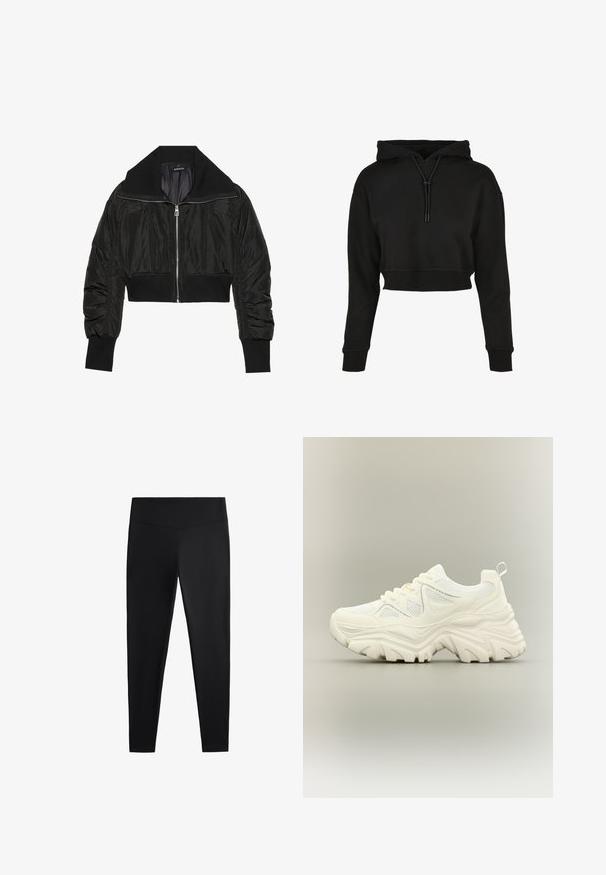 Sort cropped bomberjakke med lynlås foran, bred krave og ribbede manchetter, med en glat, shiny tekstur og polstret design.; Sort cropped hoodie med snor i hætten, lange ærmer, ribbede manchetter og kant; blød, glat tekstur; minimalistisk design.; Sorte leggings lavet af glat, strækbart stof. Har en bred talje og en tapered ben-design, velegnet til aktiv eller afslappet brug.; Hvid chunky sneaker med tyk tekstureret sål, mesh paneler, snørelukning foran og trækstrop ved hælen på en neutral baggrund.