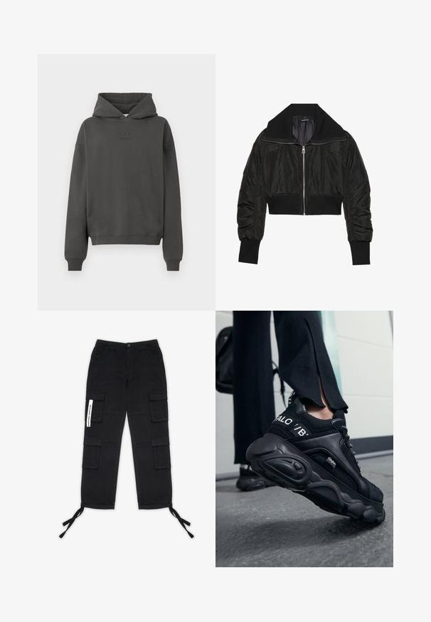 Sort cropped bomberjakke med lynlås foran, bred krave og ribbede manchetter, med en glat, shiny tekstur og polstret design.; Mørkegrå hoodie lavet af blødt materiale, med snøre i hætten, ribbekantede manchetter og et diskret logo trykt på fronten.; Pegador TANAMI WIDE PANTS - Cargobukser - black; Close-up af en person iført sorte Buffalo sneakers med tykke såler, stående på en grå betongulv, iført sorte bukser og med en rygsæk.