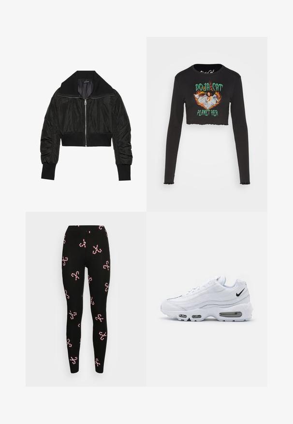 Schwarze, cropped Bomberjacke mit Reißverschluss vorne, breitem Kragen und gerippten Bündchen, mit glatter, glänzender Textur und gepolstertem Design.; Noisy May NMSAGA O NECK DOJA CAT - Langarmshirt - black; ONLY ONLXMAS ELFI - Leggings - Hosen - blackjolly candy; Nike Sportswear AIR MAX 95 - Sneaker low - white/black