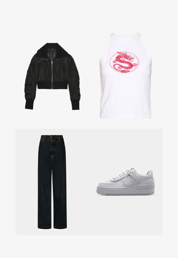 Chaqueta bomber corta negra con cierre de cremallera frontal, ancho cuello y puños acanalados, con una textura lisa y brillante y un diseño acolchado.; Top corto sin mangas blanco que presenta un prominente gráfico de un dragón rojo dentro de un contorno circular. Material de algodón suave con un cuello alto.; Jeans de denim oscuros de tiro alto y pierna ancha con cierre de botón y cremallera en la parte frontal, trabillas para el cinturón y bolsillos delanteros.; Zapatilla Nike Air Force 1 gris con puntera perforada, parte superior de cuero suave, suela gruesa y detalle en relieve 'AIR' en el talón.