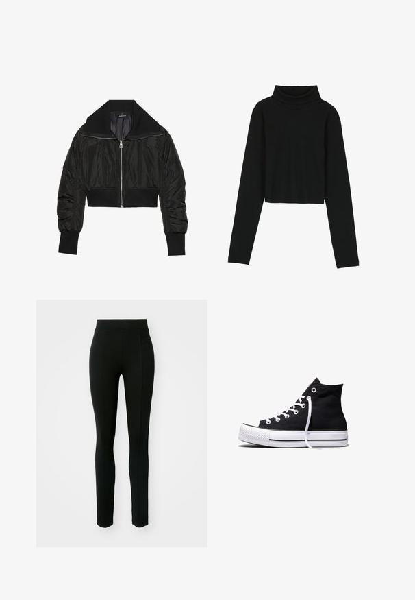 Zwarte cropped bomberjack met een rits aan de voorkant, brede kraag en geribbelde mouwen, met een gladde, glanzende textuur en een gewatteerd ontwerp.; Even&Odd Longsleeve - black; Zwarte leggings van rekbaar materiaal, met een hoge taille, slim fit en twee voorzakken zonder zichtbare naden.; Zwarte hooggesloten canvas sneaker met witte rubberen zool en witte veters, zijwaarts weergegeven op een witte achtergrond.