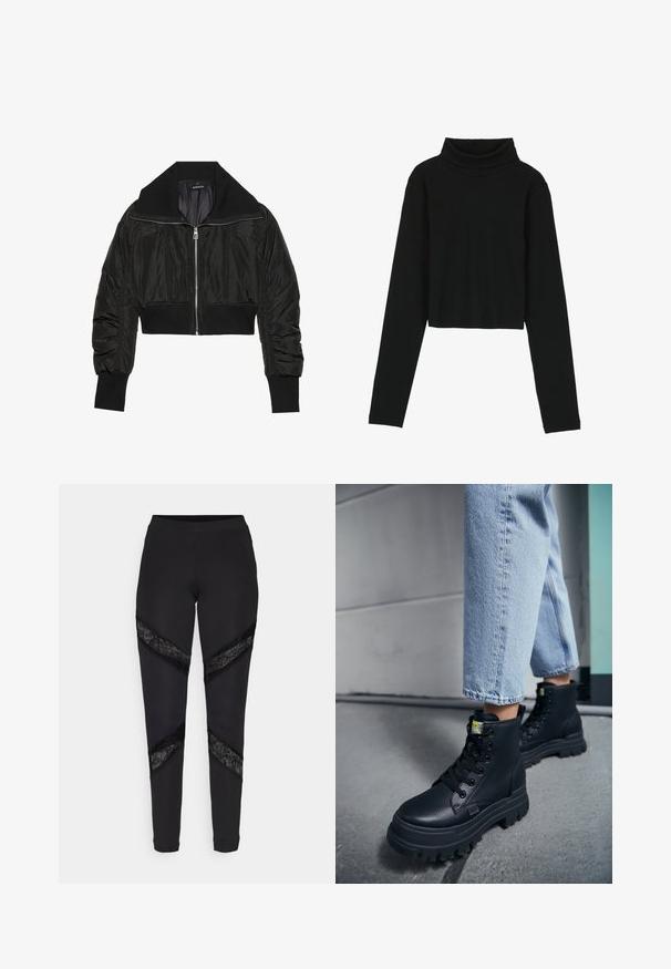 Schwarze, cropped Bomberjacke mit Reißverschluss vorne, breitem Kragen und gerippten Bündchen, mit glatter, glänzender Textur und gepolstertem Design.; Even&Odd Langarmshirt - black; Schwarze Leggings mit dreieckigen Ausschnitten, die an den Seiten mit schwarzer Spitze akzentuiert sind. Sie bestehen aus einem dehnbaren Stoff mit passgenauer Passform.; Person, die hellblaue Jeans und schwarze klobige Schnürstiefel trägt und auf einem Betonboden nahe einer Wand steht.