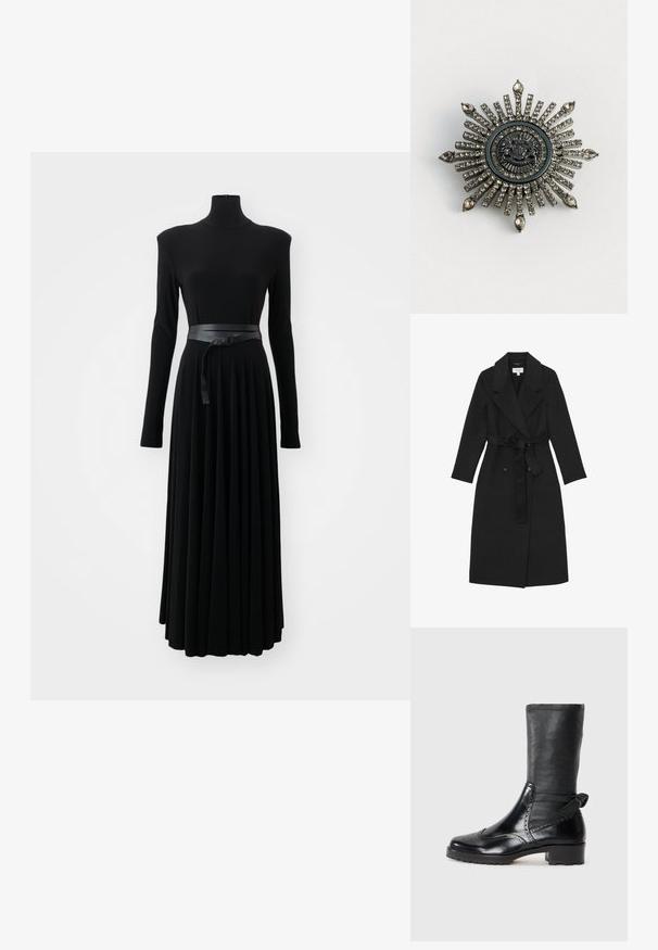Pikk mustast villast mantel laiade kraede, kahekordsete nööpide ja vöösid pandud vöökoha peal.; Norma Kamali SHOULDER PAD TURTLE FLARED DRESS TO MIDCALF - Trikotaažkleit - black; Mustad must jalanõud sujuva nahkpealisega, brogue-detailidega, ümarate varvastega ja keskmise kõrgusega plokki kontsaga. Omab pehmet, tekstuurset varre.; Tähtekujuline brošš hõbedatootes koos selgete lillekividega. Keskne disain sisaldab ringikujulist embleemi koos keerukate detailidega.