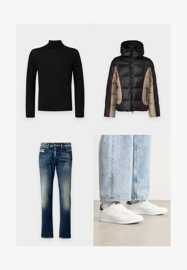 Sort og beige puffetjakke med hætte, der har quiltede paneler, rød kontrastsyning og lynlåsede sidelommer.; Sort højhalset sweater lavet af blødt stof, med lange ærmer og en tætsiddende silhuet med en lille rund accentdetalje ved halsen.; Mørkeblå denim jeans med en falmet vask, lige snit, kontraststing, fem lommer og knaplukning i taljen.; Hvide sneakers med en glat lædertekstur, sorte hæl detaljer og perforerede elementer. Sammen med lyseblå bukser med vide ben i denim.