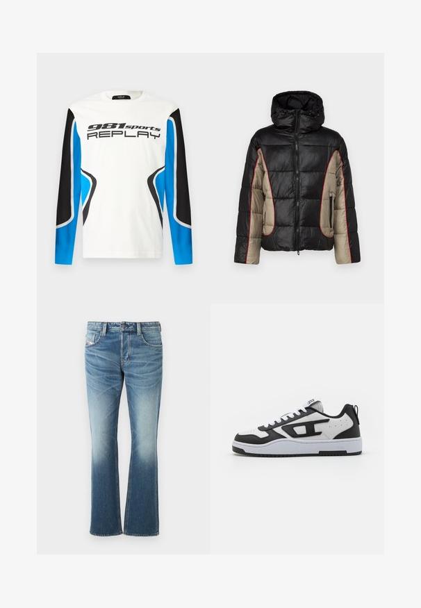 Chaqueta acolchada negra y beige con capucha, que presenta paneles acolchados, costuras rojas de contraste y bolsillos laterales con cremallera.; Camisa deportiva de manga larga con el frente blanco, paneles de mangas en negro y azul, y el logotipo "981 sports REPLAY" impreso en el pecho.; Vaqueros de mezclilla azul con un diseño acampanado, presentando un lavado desvaído, cinco bolsillos y costuras contrastantes. Cierre de botón en la cintura.; Zapatilla blanca y negra con parte superior de cuero texturizado, cuello acolchado, punta redonda y suela de goma en contraste. Incluye cordones blancos y detalle de logo.