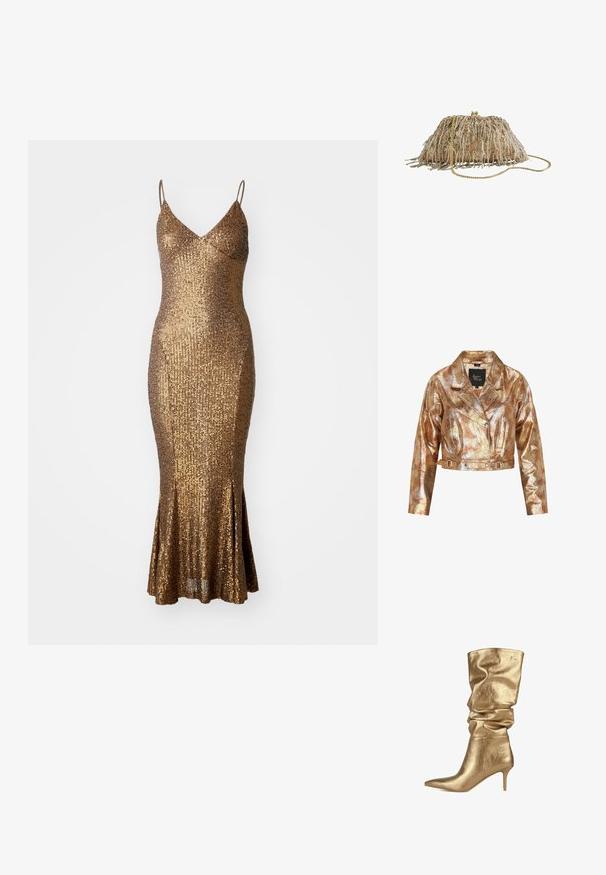 faina Lederjacke - multicolor beige snake; Goldener Pailletten-Kleid mit figurbetonter Silhouette, Spaghettiträgern und ausgestelltem Saum. Texturierte Oberfläche reflektiert das Licht und verstärkt den Glanz.; LOLA CASADEMUNT Stiefel - gold; Beige Stoff-Clutch mit aufwändiger goldener Perlen- und Paillettenfransen-Verzierung, mit goldener Kettenriemen und einem goldenen Verschluss oben.