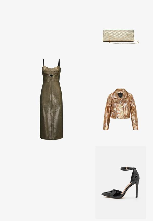 faina Læderjakker - multicolor beige snake; Metalisk bronze midi-kjole med tynde sorte stropper og et lille frontudskæring under brystet i et tekstureret stof.; Sorte patentlæder højhælede sko med spids tå, ankelrem og slank stiletthæl. Glat tekstur med skinnende finish.; Rektangulær guldfarvet clutchtaske med et quiltet mønster og en tynd guldkæde som rem på hvid baggrund.