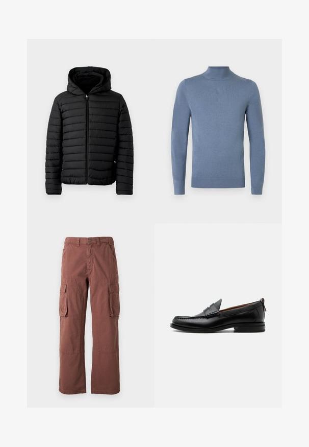 Sort pufferjakke med hætte, med quiltet design, letvægts, fuld lynlås og elastiske manchetter for varme og komfort.; Lyseblå rullekrave trøje lavet af strikket stof, med lange ærmer, ribbet krave og kant. Enkel design uden synlige mønstre.; Cargo bukser i en rustfarve, lavet af slidstærkt stof. Har store sidelommer, lige ben og knaplukning i taljen.; Sort læder herre loafer med moc-tå syning, penny strop, struktureret krave og lav stablet hæl på hvid baggrund.