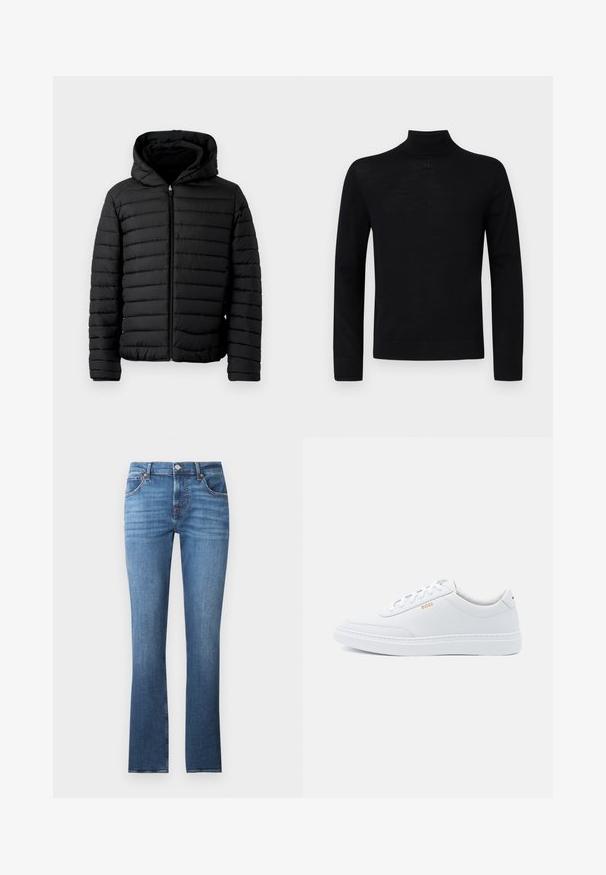 Sort pufferjakke med hætte, med quiltet design, letvægts, fuld lynlås og elastiske manchetter for varme og komfort.; Sort højhalset sweater lavet af blødt stof, med lange ærmer og en tætsiddende silhuet med en lille rund accentdetalje ved halsen.; Blå denimjeans med lige ben design, prydet med let falmning, fem lommer og metalbeslag. Taljen inkluderer bæltesløjfer.; Hvide lædersneakers med glat tekstur, rund tå og ton-i-ton syning. Har blå snørebånd og et gult logo på siden.