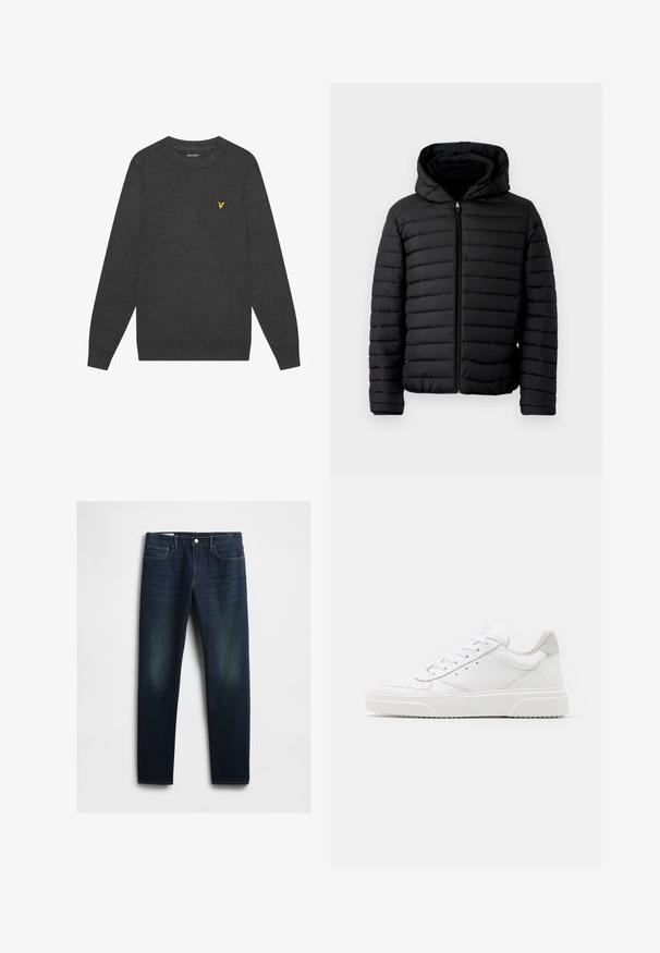 Sort pufferjakke med hætte, med quiltet design, letvægts, fuld lynlås og elastiske manchetter for varme og komfort.; Mørkegrå sweater med rund hals lavet af blødt stof. Har et lille gult broderet logo på brystet. Lange ærmer med ribbede manchetter.; Mørkeblå denim jeans med lige snit, der har fem lommer, knaplukning og diskret slid på lårene. Klassisk syning.; Hvide lædersneakers med en glat finish, rund tå, flade snørebånd og en struktureret sål. Grå ruskindsdetalje ved hælen.