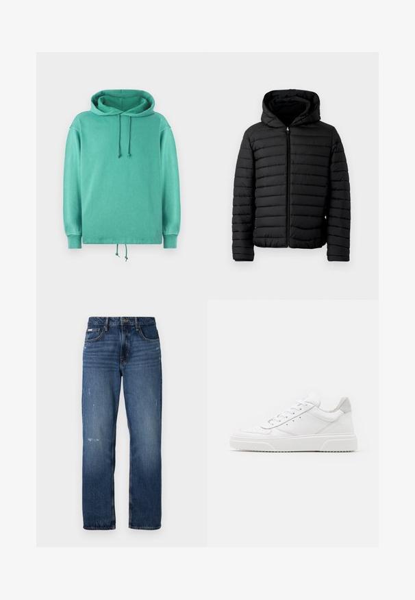 Sort pufferjakke med hætte, med quiltet design, letvægts, fuld lynlås og elastiske manchetter for varme og komfort.; Mintgrøn hoodie lavet af blødt stof med en afslappet pasform, der har en rummelig halsudskæring, snore og ribbede ærmer.; Blå denim jeans med lige ben design. Har slidte områder og let slitage på forsiden, med en klassisk knaplukning.; Hvide lædersneakers med en glat finish, rund tå, flade snørebånd og en struktureret sål. Grå ruskindsdetalje ved hælen.