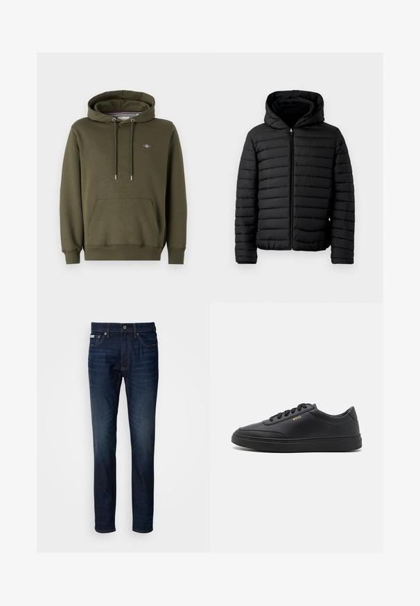 Veste rembourrée noire avec capuche, présentant un design matelassé, légère, à fermeture éclair intégrale et poignets élastiques pour chaleur et confort.; Haut à capuche vert olive en tissu mélangé coton, avec une poche frontale, des cordons de serrage ajustables et un petit logo sur la poitrine.; Jean en denim bleu foncé avec une coupe droite, doté d'une fermeture éclair, d'un bouton et de poches avant/arrière. Décoloration subtile au niveau des cuisses.; Baskets en cuir noir avec une texture lisse, bout rond, semelle en caoutchouc plate et lacets ton sur ton. Présente une marque "BOSS" dorée sur le côté.