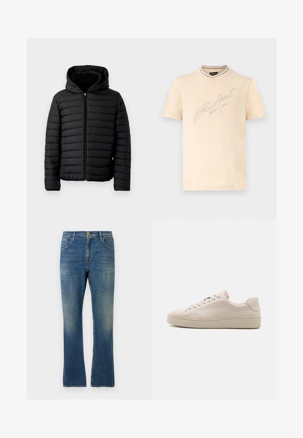 Chaqueta acolchada negra con capucha, con diseño en acolchado, ligera, con cremallera completa y puños elásticos para mayor calidez y comodidad.; Camiseta beige de manga corta con cuello acanalado a rayas y bordado en cursiva "Emporio Armani Milano 1981" en el frente.; Vaqueros de mezclilla azul desgastada de pierna recta con cierre de botón y cremallera, bolsillos delanteros y traseros, mostrados sobre un fondo blanco.; Zapatillas de cuero beige con un acabado suave, punta redondeada, suela plana y un diseño clásico de cordones. Detalles sutiles de costura y suela texturizada.