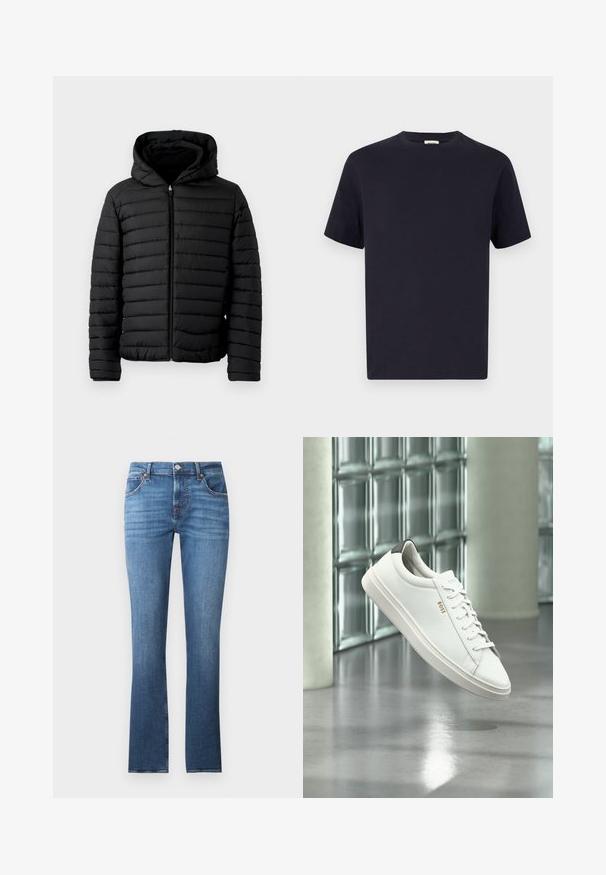 Sort pufferjakke med hætte, med quiltet design, letvægts, fuld lynlås og elastiske manchetter for varme og komfort.; Marineblå bomulds T-shirt med rund halsudskæring, korte ærmer og afslappet pasform; glat tekstur; ingen synlige mønstre eller hardware.; Blå denimjeans med lige ben design, prydet med let falmning, fem lommer og metalbeslag. Taljen inkluderer bæltesløjfer.; Hvid læder lav-top sneaker med snørebånd, sort hælflig og "BOSS"-logo, svævende indendørs nær glasblok væg og poleret gulv.