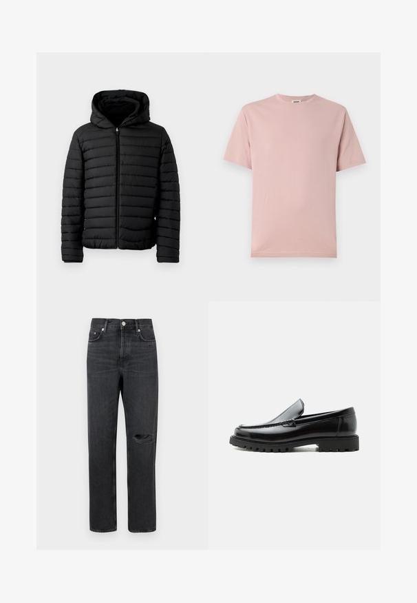 Sort pufferjakke med hætte, med quiltet design, letvægts, fuld lynlås og elastiske manchetter for varme og komfort.; Lys rosa bomulds-t-shirt med klassisk rund hals og korte ærmer. Glat tekstur og lige pasform med minimale designelementer.; Sorte denim jeans med lige ben, der har et revnet knæ, fem-lomme design og metalbeslag ved taljen og lommerne.; Sort læderloafer med chunky gummisål, syet overdel og præget mærkenavn på hælen, vist i sideprofil på hvid baggrund.