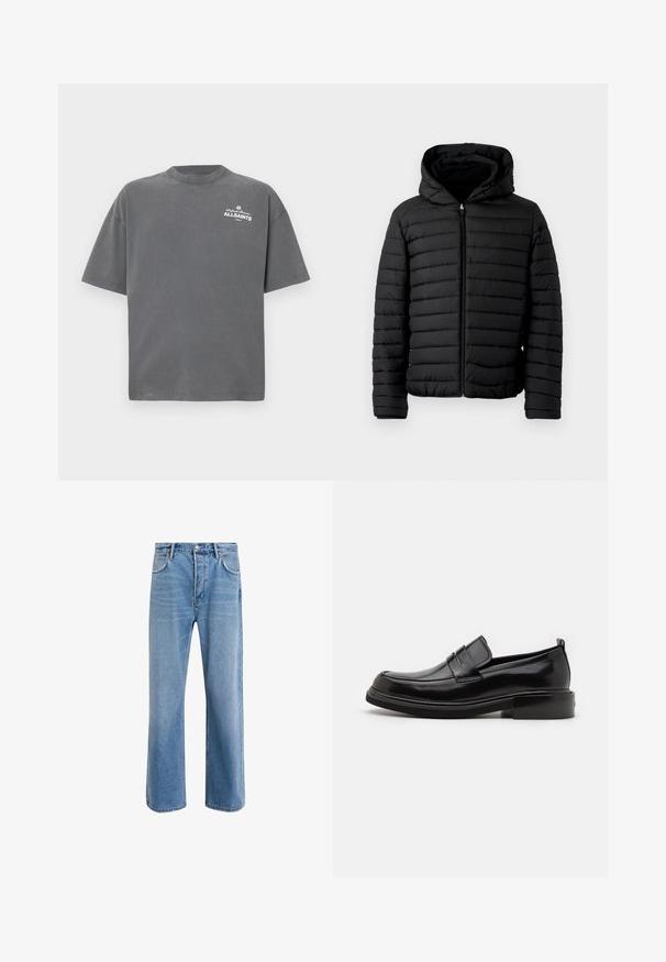Sort pufferjakke med hætte, med quiltet design, letvægts, fuld lynlås og elastiske manchetter for varme og komfort.; Mørkegrå T-shirt med korte ærmer og rund hals med lille hvid "ALLSAINTS"-logo på øverste venstre bryst.; Lyseblå denim jeans med lige ben-design, fem lommer, knaplukning, minimal falming og kontraststingdetaljer.; Calvin Klein MOCCASIN - Business loafers - black