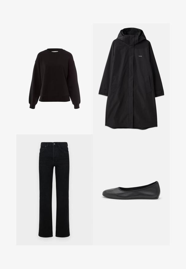 Abrigo negro impermeable con capucha, mangas largas, bolsillos laterales y cierre frontal. Presenta un diseño minimalista con el logotipo de la marca en el pecho.; Sudadera negra hecha de material suave, con cuello redondo, hombros caídos y puños acanalados, con un diseño de corte relajado.; Jeans de mezclilla negra con una cintura alta, corte recto, diseño de cinco bolsillos y cierre de botón frontal. Textura suave, detalles mínimos.; Bailarina de piel negra con punta redondeada, textura suave, detalle de costura minimalista y diseño de suela flexible.