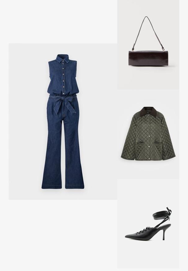 Vihreä tikattu takki, jossa on ruskea samettikaulus, napit ja kaksi sivutaskua. Suunnittelu on rento ja siinä on leveät hihat.; Denim haalari ilman hihoja, jossa on kaulus, etupainonappikiinnitys ja vyötärölle pujotettu vyö. Ominaisuuksiin kuuluu leveät lahkeet ja tummansininen väri.; Musta, kärjest terävä korkeakorkoinen kenkä, jossa edessä nyörit ja nilkkaremmit, jotka kiertyvät nilkan ympärille ja on solmittu rusetiksi, kuvattuna sivulta valkoisella taustalla.; Suorakulmainen musta nahkainen käsilaukku, jossa on yksi pitkä hihna ja kiiltävä viimeistely, esitettyä yksinkertaista valkoista taustaa vasten.