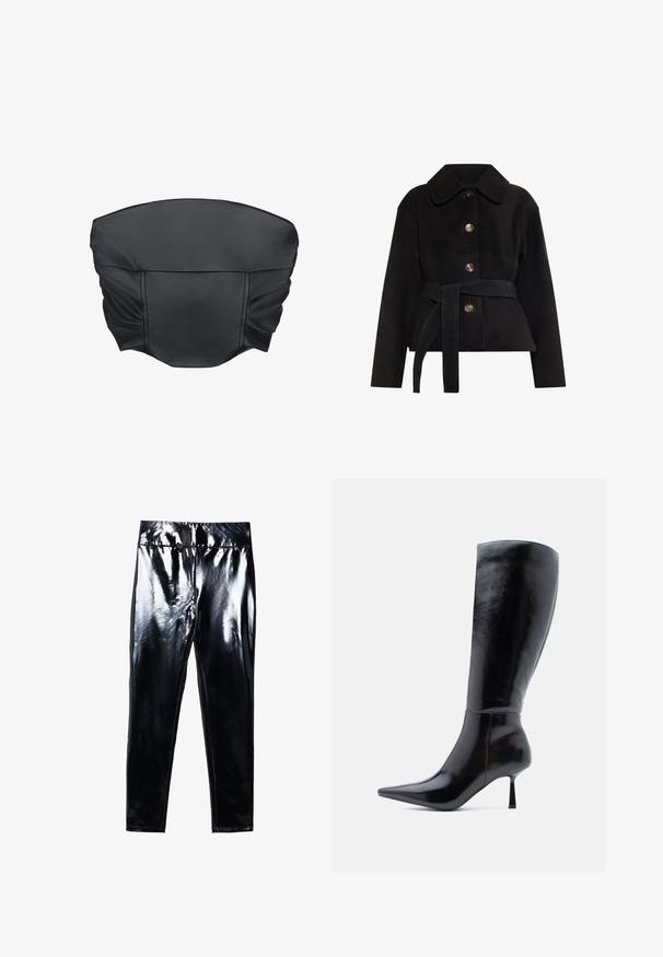 Sort ruskindjakke med krave, fem knapper og bælte ved taljen. Har en blød overflade og en struktureret form.; Sorte faux læder cropped top med sammensat tekstur og en struktureret form, der har en glat overflade og minimale sydetaljer.; Sorte højglans leggings med en blank, glat overflade. Elastisk talje og tætsiddende design med en indsnævret benform.; Sorte knæhøje stiletto støvler med en skinnende læderoverflade, spids tå og slank, konisk hæl, der har en glat overflade og et strømlinet design.