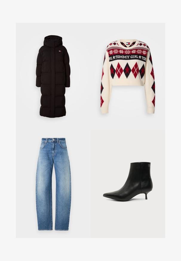 Schwarzer, langer Daunenmantel mit Kapuze, ausgestattet mit einem gesteppten Design, zwei seitlichen Taschen und einem kleinen Logo auf der Brust. Glatte Textur, übergroßer Schnitt.; Kürzer geschnittenen Pullover in Creme mit roten und schwarzen Rautenmuster. Mit geripptem Saum, Rundhalsausschnitt und dem Text "TOMMY GIRL" über der Brust.; Hellblaue gerade geschnittene Jeans mit hoher Taille, klassischem Fünf-Taschen-Design und subtiler Ausbleichung. Hergestellt aus Denim mit glatter Textur.; Schwarzer Leder-Knöchel-Stiefel mit spitzer Spitze und niedrigem Kittenabsatz vor hellem Hintergrund, seitliche Ansicht.