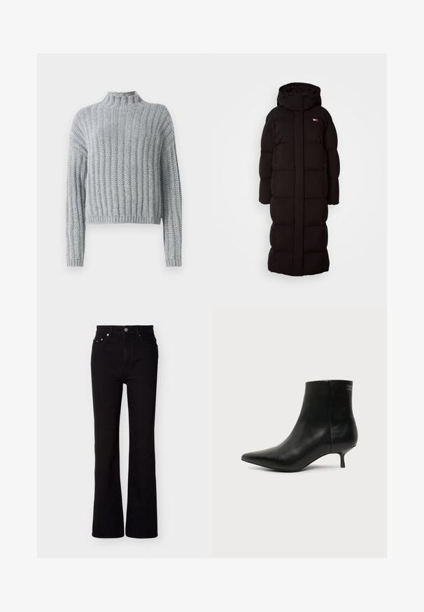 Manteau en duvet noir long avec capuche, présentant un design matelassé, deux poches latérales et un petit logo sur la poitrine. Texture lisse, coupe oversize.; Pull en tricot épais gris clair avec un motif en côtes, col montant, manches longues et une coupe légèrement cropped.; Jean noir en denim évasé à taille haute, doté de cinq poches et d'une fermeture à bouton métallique. Texture lisse, coupe droite à partir du genou.; Bottine en cuir noir avec bout pointu et petit talon kitten sur fond clair, vue côté extérieur.