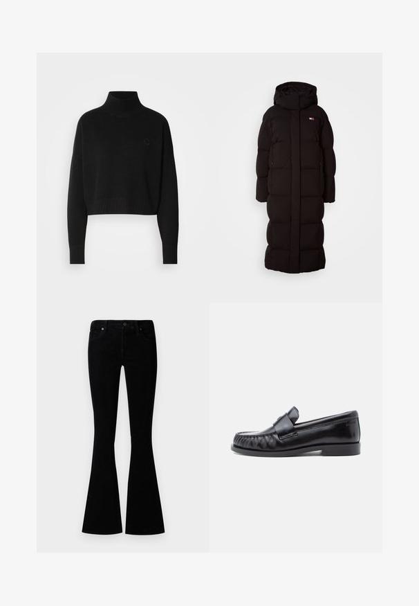 Sort lang pufferjakke med hætte, der har et quilted design, to sidelommer og et lille logo på brystet. Glat tekstur, oversized pasform.; Sort cropped sweater, ribbede turtleneck, lange ærmer, strikket tekstur, med et lille logo på brystet.; Sorte flared jeans lavet af denimstof, med mellemhøjt talje, fem lommer og metalknaplukning for ekstra detaljering.; Sorte læderloafers med rundet tå, karakteristisk syning og en dekorativ rem over vampen. Glat finish og lav hæl.