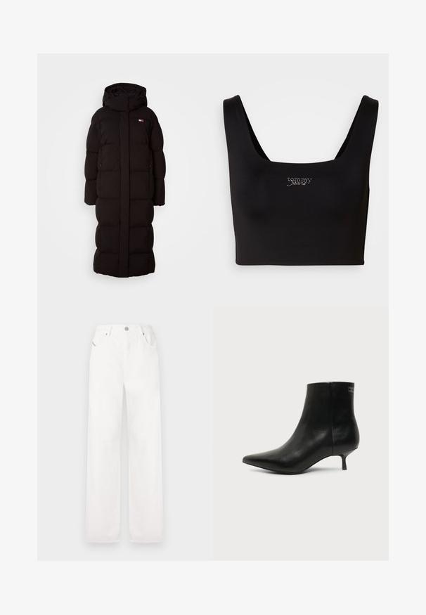 Manteau en duvet noir long avec capuche, présentant un design matelassé, deux poches latérales et un petit logo sur la poitrine. Texture lisse, coupe oversize.; Haut court noir avec un décolleté carré, fabriqué en tissu lisse. Présente un petit logo "tommy" brodé en argent à l'avant.; Pantalons en coton blancs à jambes larges avec un design classique à cinq poches et une fermeture à bouton en métal, comprenant des détails de couture subtils.; Bottine en cuir noir avec bout pointu et petit talon kitten sur fond clair, vue côté extérieur.