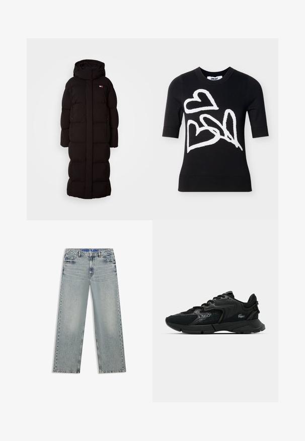Must musta puffer jakk musta kapuutsiga, millel on tekkima disain, kaks külgrakku ja väike logo rinnal. Sile tekstuur, oversized sobivus.; Must lühikeste varrukatega kampsun kolme suure valge kontuuriga südamega abstraktses stiilis ees, ümar kaelus, DKNY silt krae sees.; Helesinised laia lahuga teksad, valmistatud denimist, millel on tuhmunud alad, viis taskut ja sinine brändiga vöökoht.; Mustat spordijalatsid, millel on võrkrakendus ja sünteetilised materjalid, tekstuuriga aktsendid, nööridega disain ja silmapaistev logo küljel.