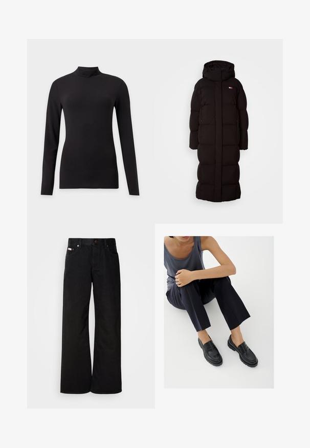 Sort lang pufferjakke med hætte, der har et quilted design, to sidelommer og et lille logo på brystet. Glat tekstur, oversized pasform.; Sort tætsiddende top med lange ærmer og høj krave, vist på en ensfarvet lys grå baggrund.; Sorte breddebenede jeans lavet af bomuld. Har forlommer, en knaplukning og en klassisk denimtekstur. Minimalistisk design uden mønstre.; Sorte læderloafers med teksturerede detaljer, lav hæl, rund tå og synlige syninger. Modellen bærer mørke bukser og en grå top.