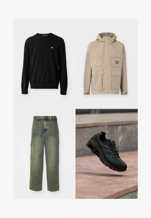 Veste imperméable beige avec capuche, dotée d'un zip à l'avant, de quatre grandes poches à l'avant et de poignets réglables. Tissu texturé avec un motif en grille.; Pull en coton noir avec des manches longues, un col rond, des poignets et un ourlet côtelés. Présente un petit logo blanc du côté de la poitrine.; Jeans en denim ample avec un délavage bleu et vert. Comprend une fermeture à bouton, des passants de ceinture et des poches latérales. Pas de pli à l'avant et design à jambe droite.; Baskets athlétiques noires avec une semelle intercalaire à coussin d’air visible flottant au-dessus d’une surface en pierre rose avec un mur en pierre gris en arrière-plan.