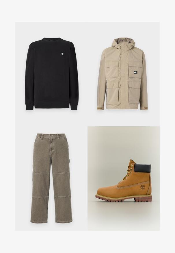 Beige waterdichte jas met een capuchon, voorzien van een rits aan de voorkant, vier grote voorzakken en verstelbare manchetten. Textuurstof met een ruitpatroon.; Zwarte longsleeve sweatshirt met ronde hals en lange mouwen, voorzien van een klein wit rond logo op de linkerborst, ribgebreide boorden en onderrand.; Katoenen cargobroek in gedempt olijfgroen met brede pijpen, dubbele stiksels, en zijzakken, voorzien van een knoopsluiting en riemlussen.; Bruine leren enkellaars met zwarte kraag, gele veters en een zandkleurige zool. Voorzien van een logo en witte stikseldetails. Robuuste loopzool met grip.