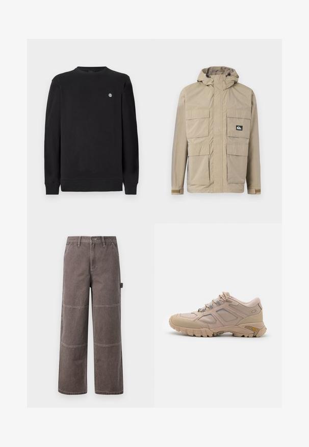 Beige wasserdichte Jacke mit Kapuze, ausgestattet mit einem Reißverschluss vorne, vier großen Fronttaschen und verstellbaren Bündchen. Strukturiertes Material mit einem Karomuster.; Schwarzer Langarm-Crewneck-Sweatshirt mit kleinem weißen runden Logo auf der linken Brust, gerippten Bündchen und Saum.; Weite Hosen in einem verblassten Braunton, aus strapazierfähigem Stoff mit kontrastierenden Nähten. Mit Paneeldetails und einer Seitentasche.; Beige Sport Schuh mit einem strukturierten Mesh-Obermaterial, synthetischen Überzügen und einer Vibram-Sohle. Verfügt über ein Schnürsystem und seitliche Paneeldetails.